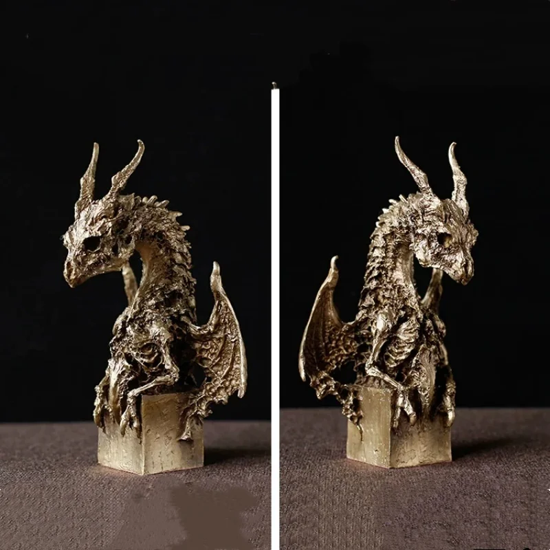Solid Brass Winged Skeleton Dragon Bust Gothic Myth Creature Figurine Desktop Ornament Collectible Craft Gift for Home Office