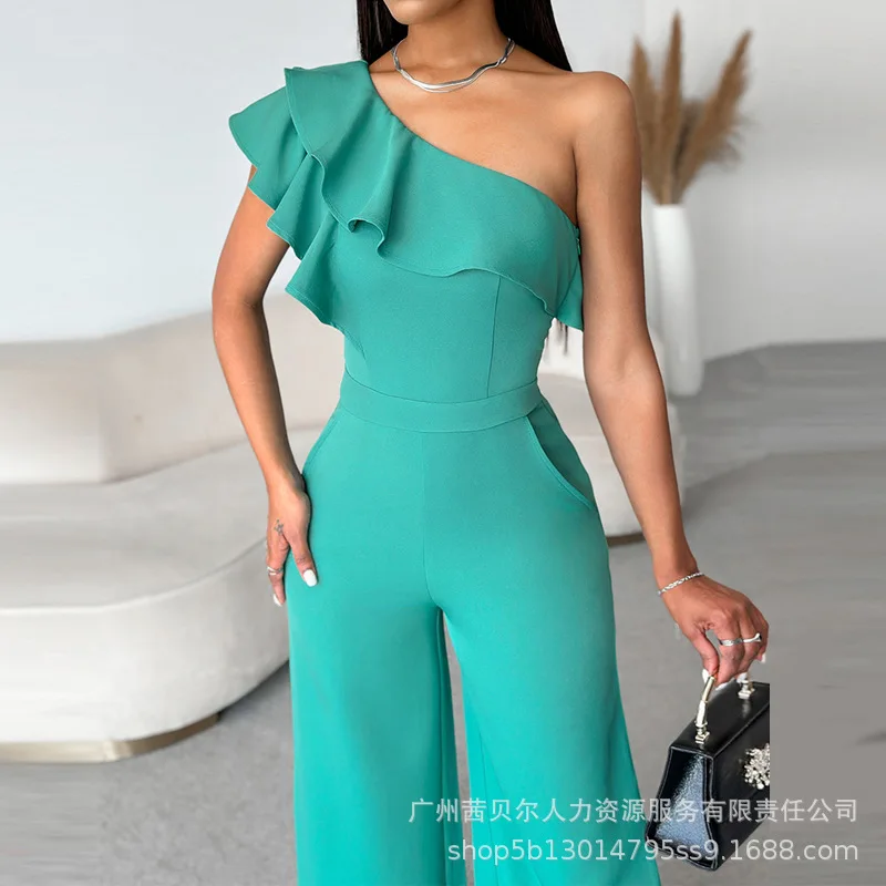 

2024 Spring Summer New Women's Solid Color One-Shoulder Ruffled Waist One-Piece Trousers