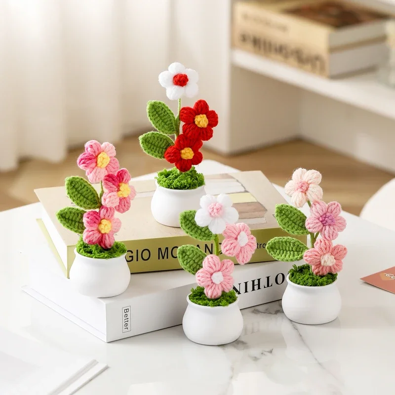 Creative Kintted Flower Potted Mini Artificial Flowers Finished Hand Woven Crochet Plant Cute Car Table Home Decor Gift