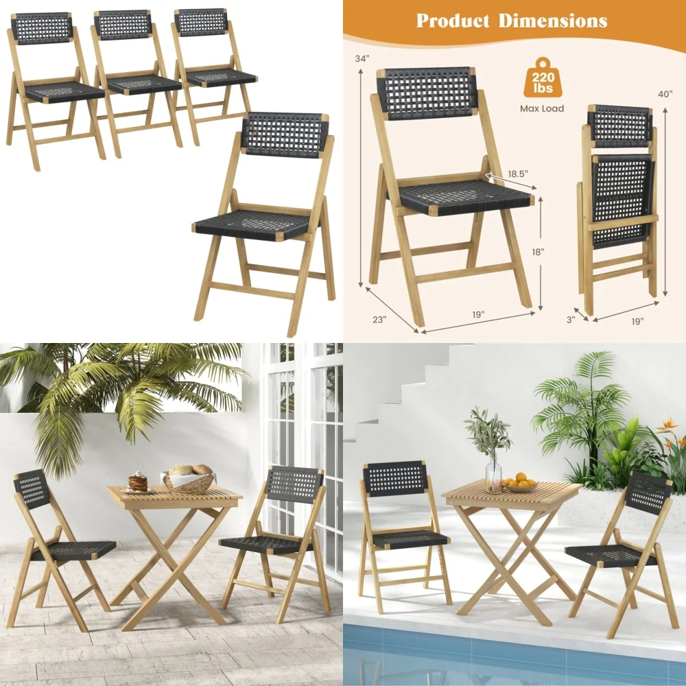 Beach Chairs4 Piece Folding Patio Chairs Quick-Portable Design Solid Teak Wood Comfortable Outdoor Seating for Garden Yard