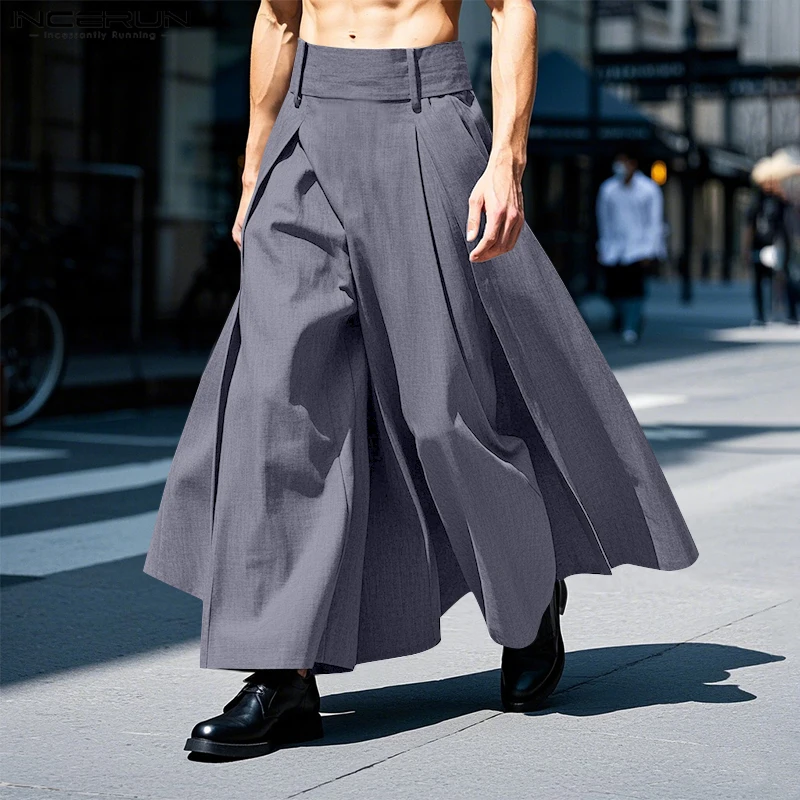 INCERUN 2025 Korean Style Trousers Stylish Men's Deconstructed Solid High Waist Design Pants Casual City Walk Wide Leg Pantalons