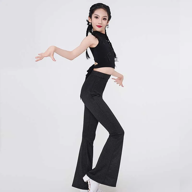 New Latin Dance Wear Girls Competition Performance Suit Samba Rumba Dancer Practice Clothes Black Crop Tops Pants Summer VDL1043