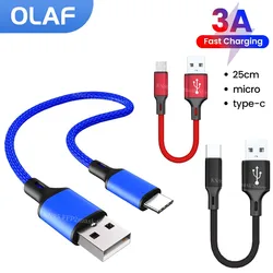 25cm Short Cable USB Micro Type C Cable Fast Charging Data Cable For iphone Xiaomi Samsung Power Bank USB C Nylon braided Cable