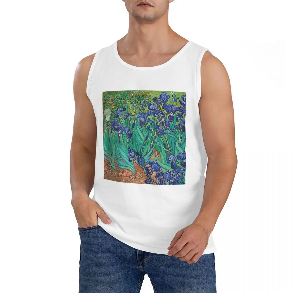 100% Cotton Irises By Vincent Van Gogh Sleeveless T-Shirt Men Workout Sports Clothing Tops Men's Crew Neck Vest