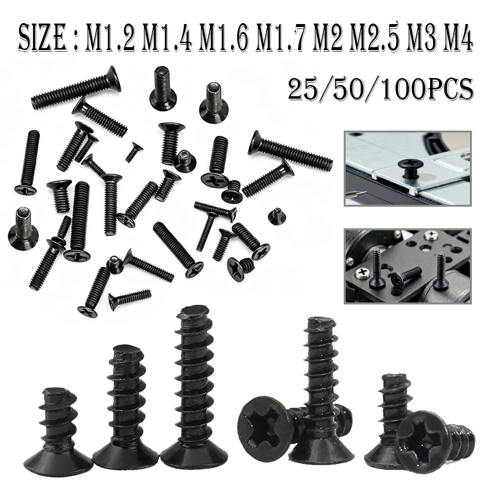 25/50/100pcs M1.2 M1.4 M1.6 M1.7 M2 M2.5 M3 M4 Mini Micro Black Steel Cross Phillips Flat Countersunk Head Screw Bolts