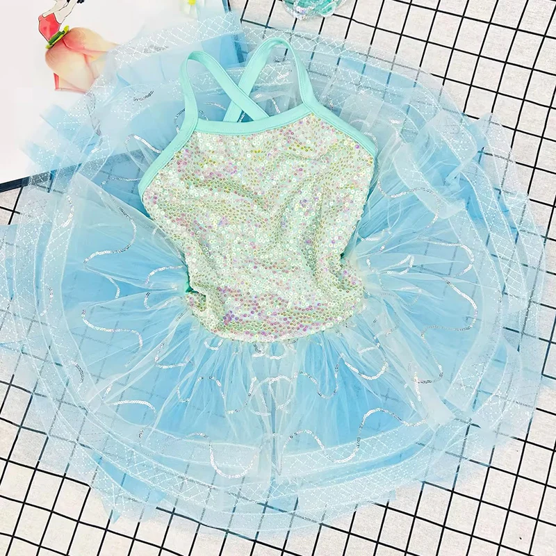 Girls' Pink Sequin Ballet Dress with Layered Tulle Skirt and Flower Headpiece Cross Back Dance Costume