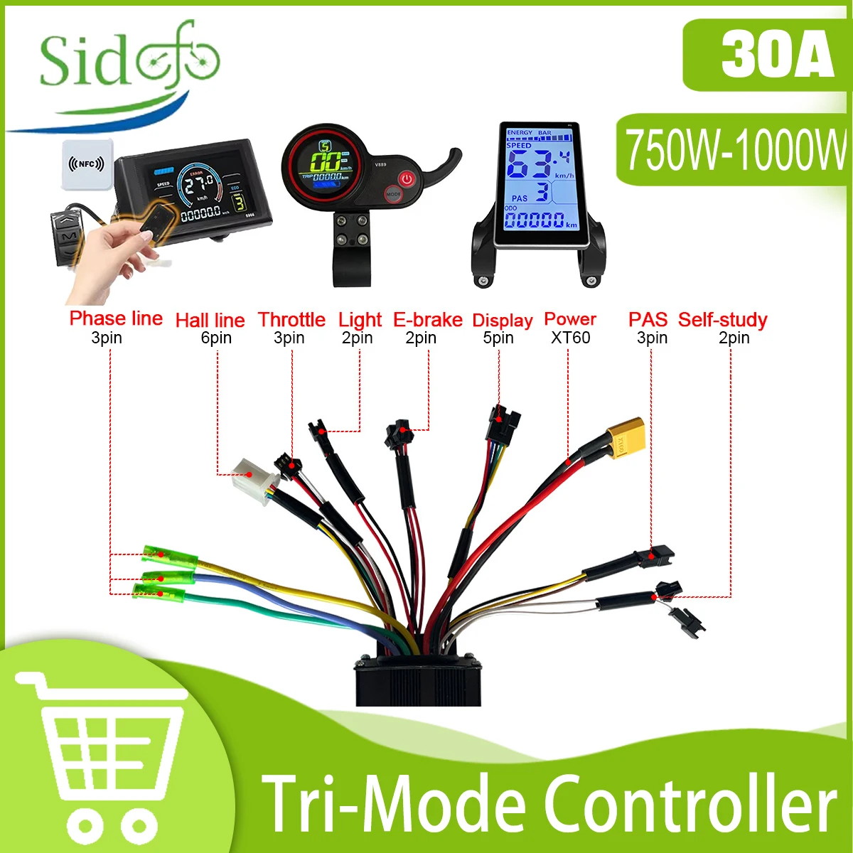 30a-ebike-sine-wave-controller-24v-36v-48v-three-mode-with-lcd-124dx-display-for-electric-bike-brushless-without-or-with-hall