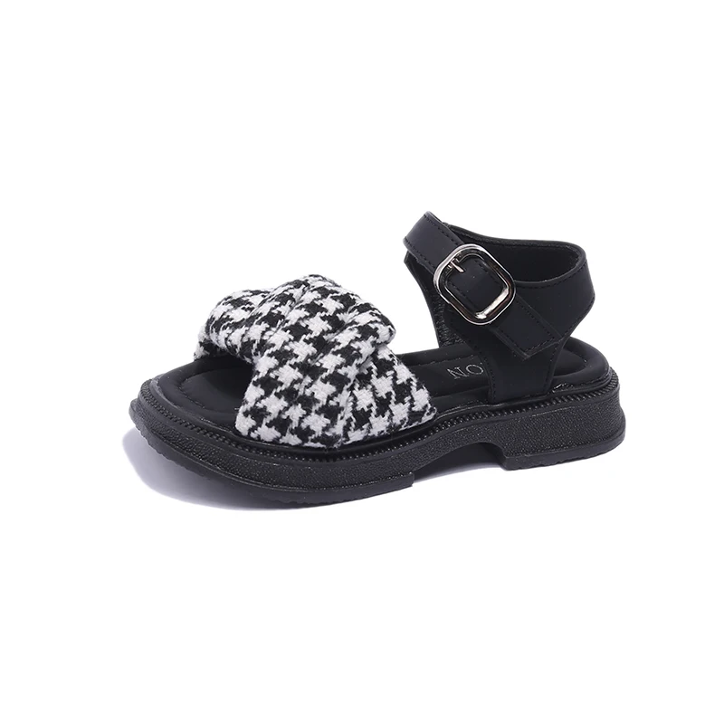 

Girls Sandals Children Fashion Weave Houndstooth Prints Simple Open-toe Summer Kids Casual Shoes Non-slip Britain Style Non-slip