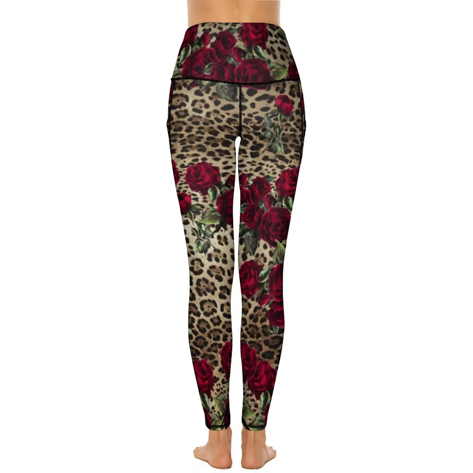 Leggings leopardati dorati Pantaloni da yoga da palestra con stampa di rose rosse sexy Tasche legging sportive elasticizzate push up Leggins modello dolce da donna regalo