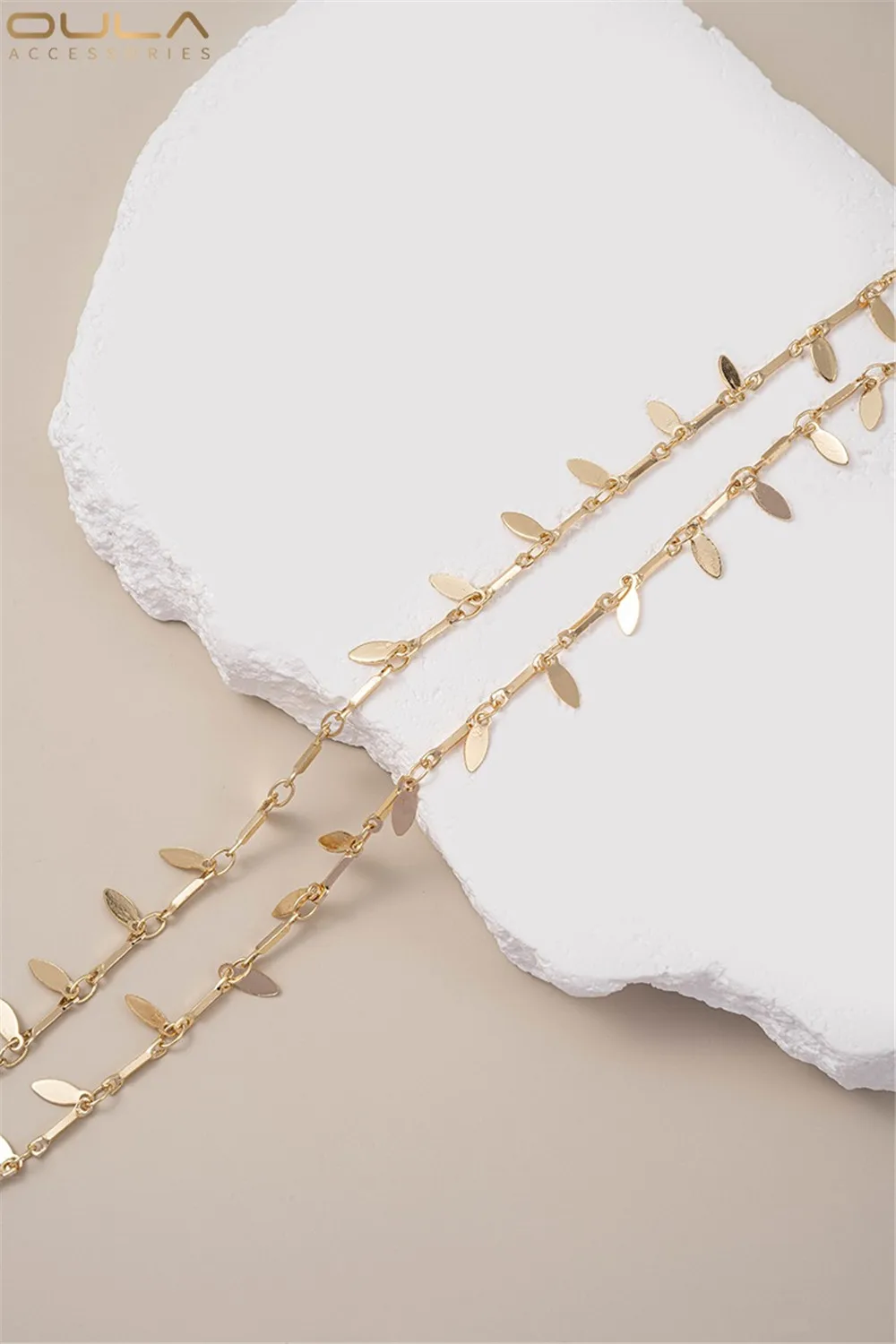 14K Gold-Plated Handcrafted Ankle Chain Bracelet with Water Drop Leaves And Tassel Ear Pendant Loose Chain DIY Jewelry