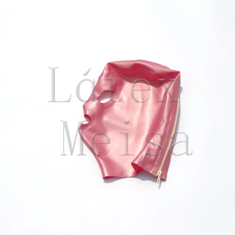 

Bling metallic pink latex hoods open eyes nostrils and mouth with back zip for women