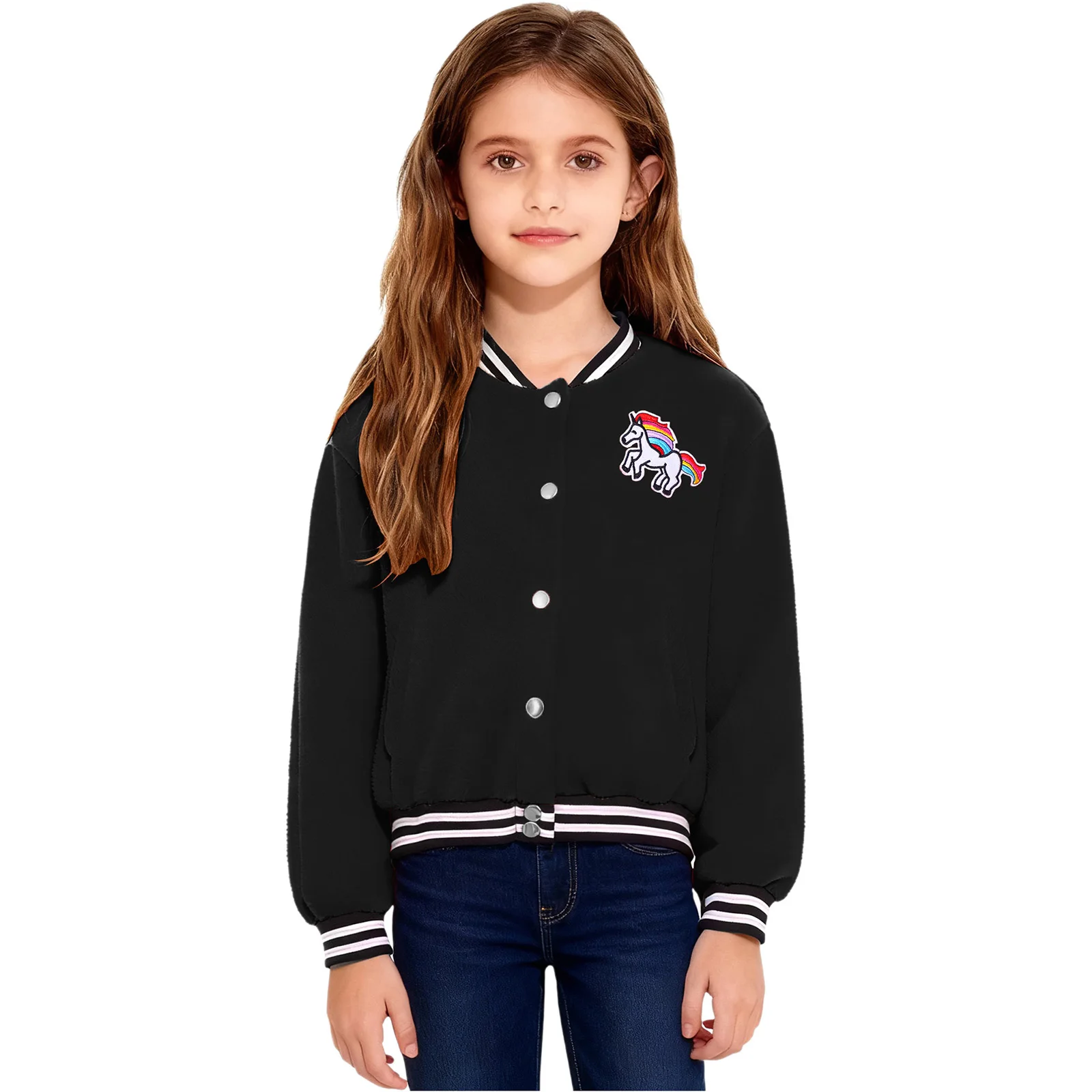 

Kids Girls Baseball Jackets Autumn Fashion Sports Clothes Horse Flannel Long Sleeve Press Buttons Stripes Hem Coat Outerwear