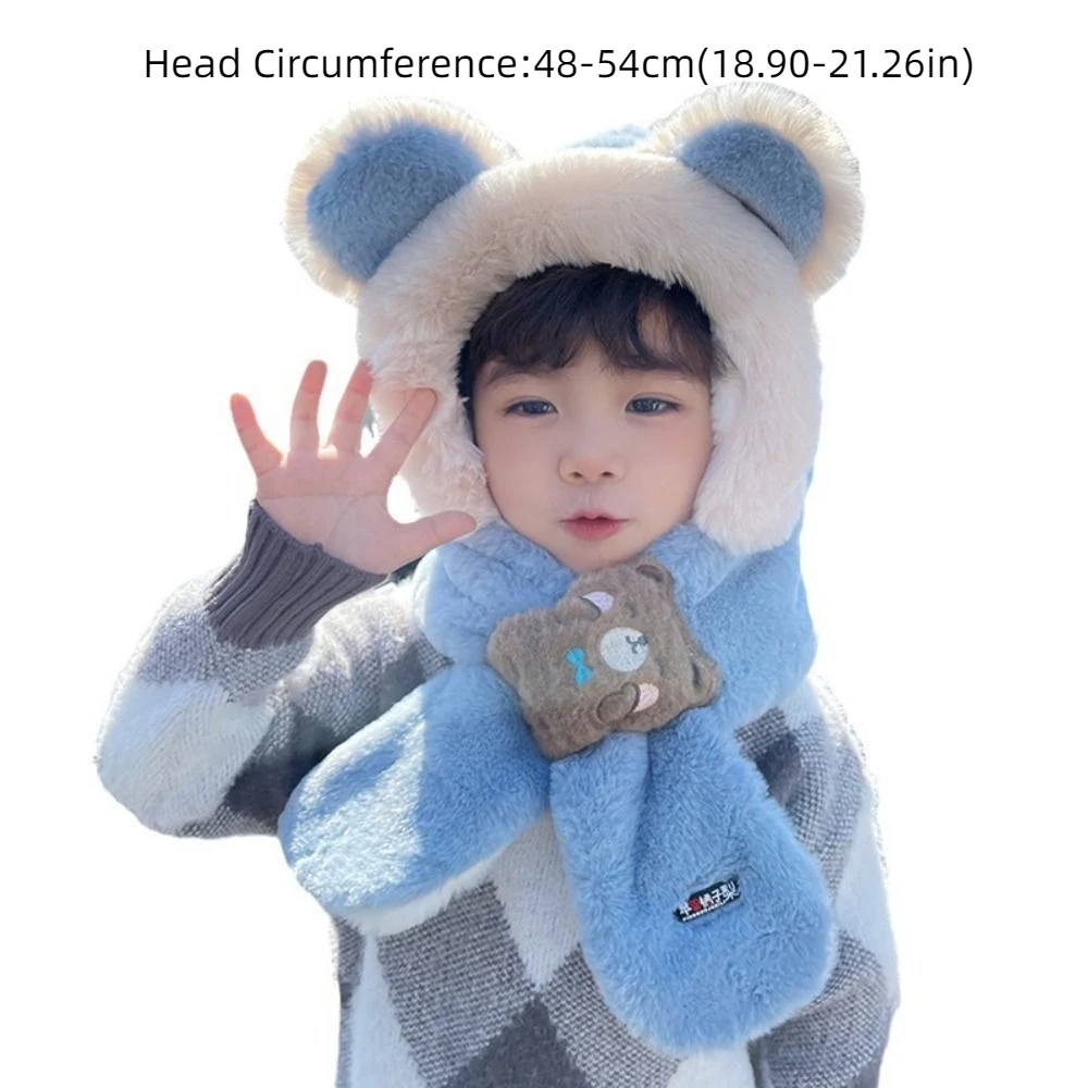 Solid Color Bear Plush Hat With Mask&Scarf Korean Style Children Fleece Hat Cloth Accessories Cartoon Plush Hat with Scarf Baby