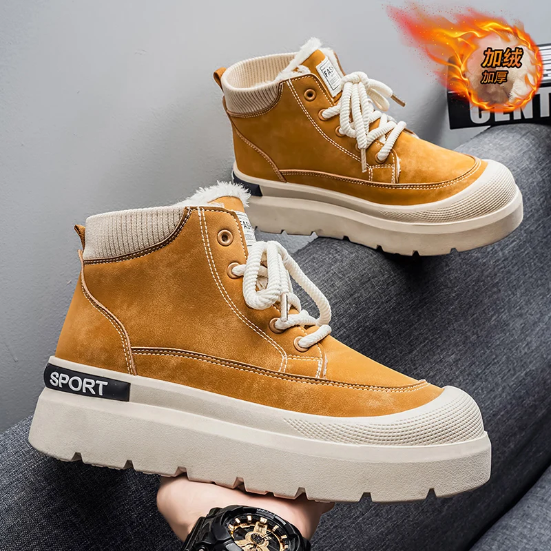 Imagen 3: Botas altas de otoño e invierno para hombre, botas de trabajo con superficie de cuero Retro informales cálidas con forro polar de estilo británico, resistentes al agua