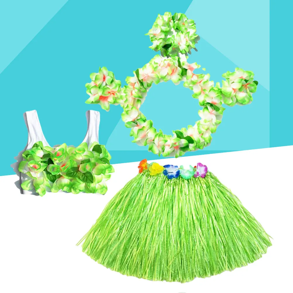 

Комплект из 6 предметов для танцевального костюма Хула: зеленая юбка-трапеция, цветочные браслеты, ожерелье, повязка на голову, цветочный бюстгальтер (40 см)