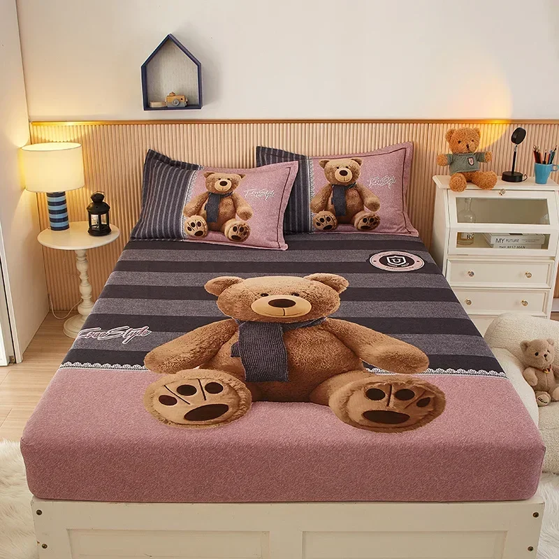 Cute Teddy Bear Pattern Fitted Sheet Set 100% Cotton Anti-slip Mattress Cover with Pillowcases Home Bedding Set for Boys Girls