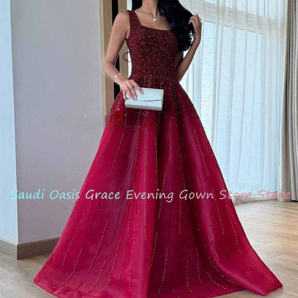 Maßgeschneidertes, maßgeschneidertes A-Linien-Abendkleid aus Organza mit quadratischem Kragen und glitzernden Pailletten, Kristallen, Schnürung am Rücken, Sweep-Zug, Partykleid