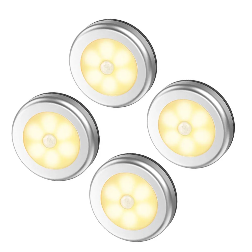 4Pcs Human Body Infrared Sensor Night Lamp Round Design Silver Warm White Light Household Lighting Tool for Kitchen Wardrobe