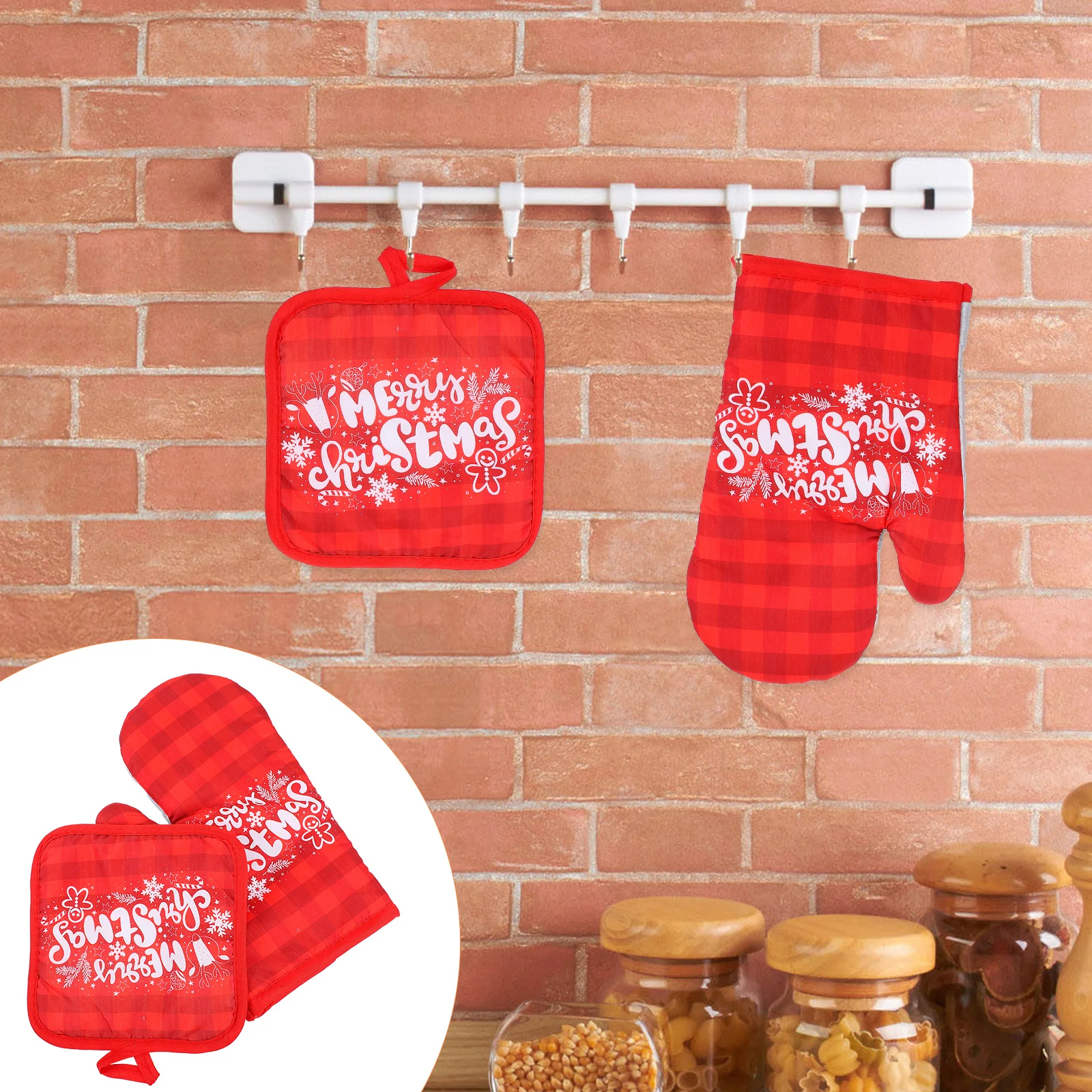 

2Sets Christmas Kitchen Oven Gloves Heat Resistant Baking Mitts Non-Skid Cooking Gloves Heat Insulation Pads Microwave Glove