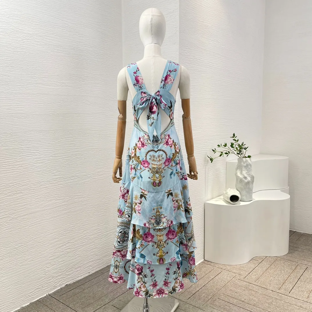 Blue Position Floral Print Sleeveless V-Neck Cake Stacking Pleat Midi Dress Pure Silk 2024 New High Quality Vintage