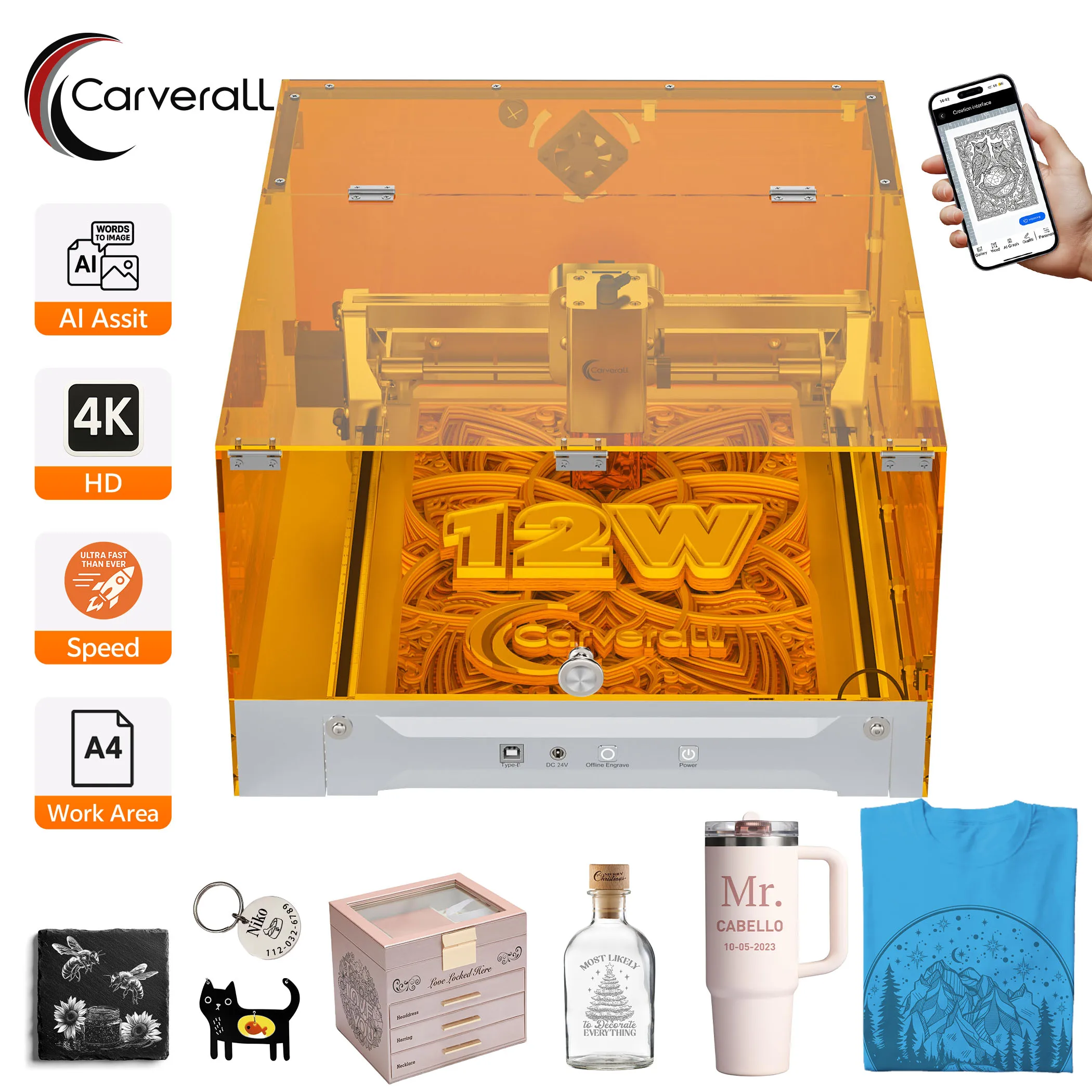 Graveur laser portable Carverall K15Pro, machine de gravure à diode 1W IR 7W 12W, outil de bricolage pour débutants pour le métal, le bois, le cuir, l'acrylique