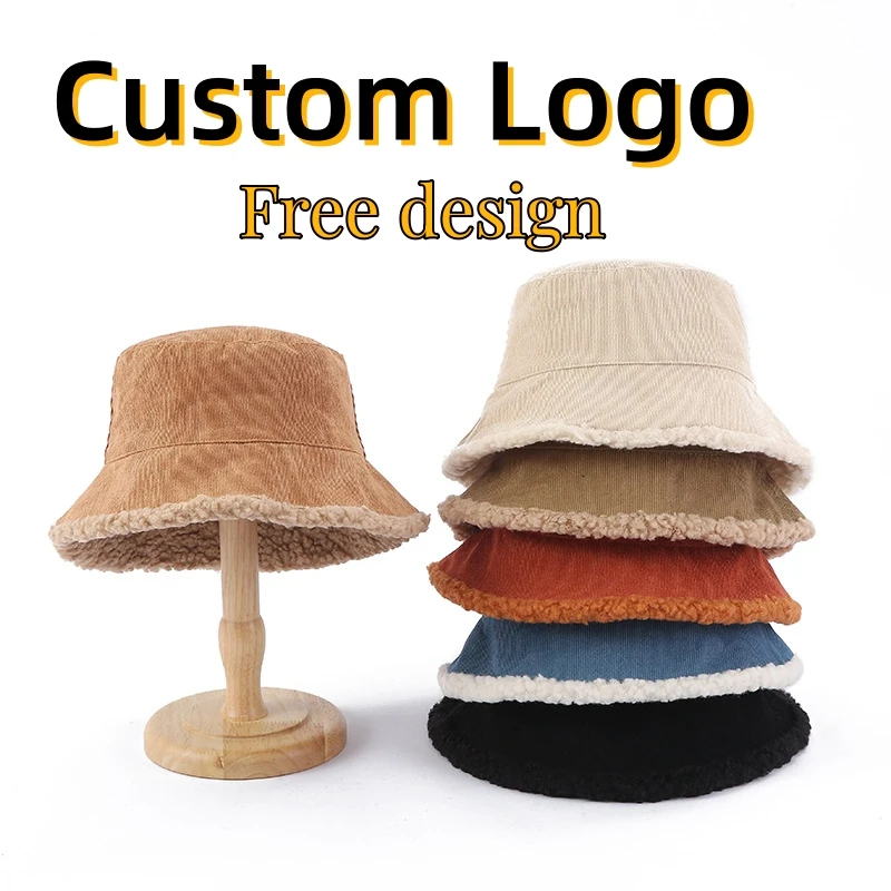 Costom Logo Reversible Faux Fur Bucket Hat Women Winter Corduroy Fisherman Hats Bob Lamb Wool Fleece Cap Thick Windproof Panama