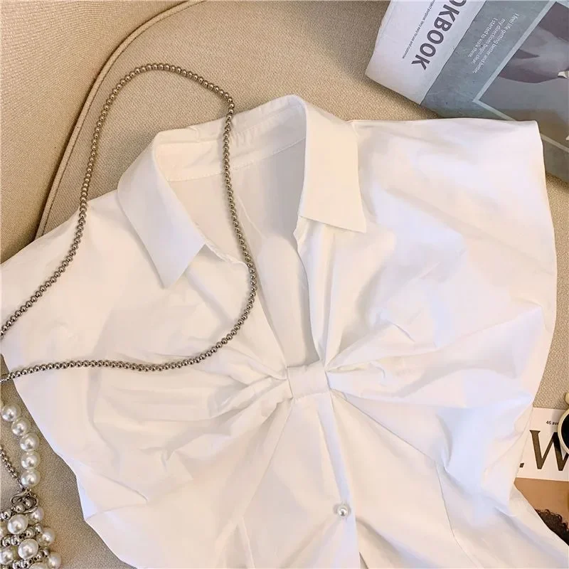 Camises De Mujer 2024 White Blouses for Women\'s Sleeveless Tunic V-neck Bow Crop Tops Korean Temperament Summer Blouse Shirts