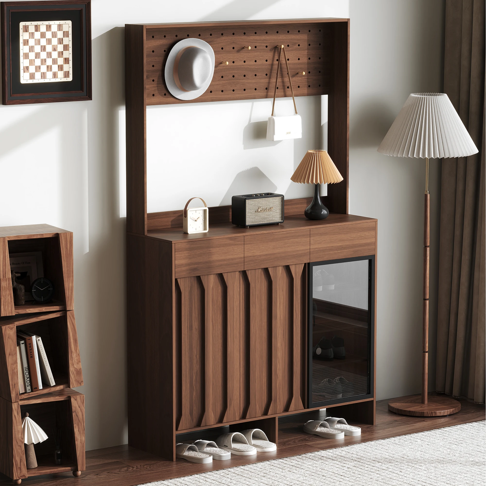 

Medieval style home entrance door household shoe cabinet, entrance cabinet, hole board shoe rack integrated against the wall sto