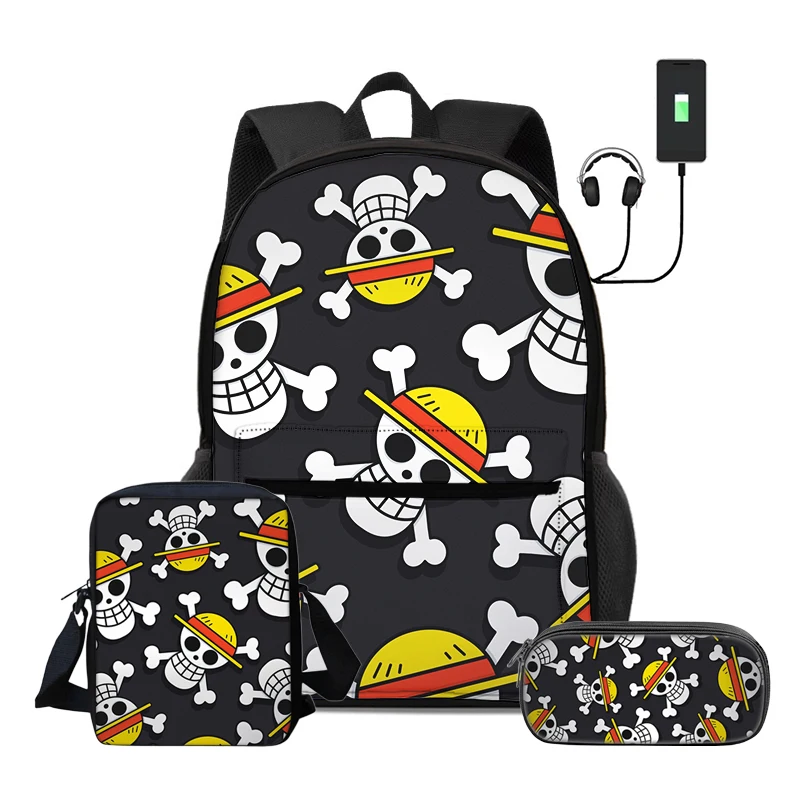 ONE PIECE Monkey D. Luffy Rucksack 3 Pcs Set Child Backpack with Shoulder Bag Pencil Bag Bags for Boys Girls Best Gift Knapsack