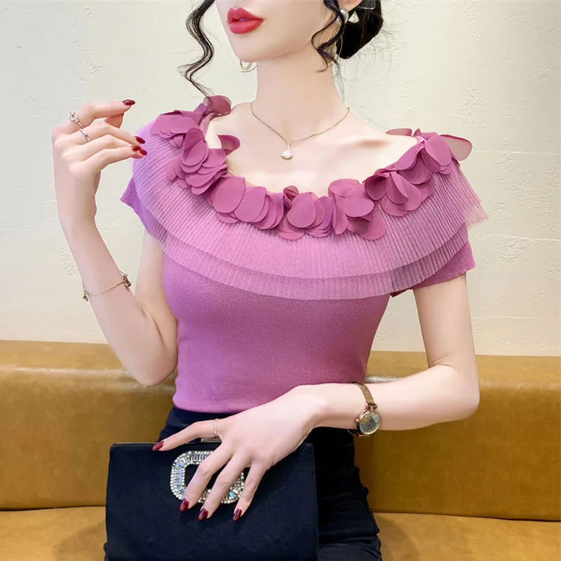 

New Summer Fashion Ladies Clothes Short Sleeve T-Shirt Sexy Slash Neck Ruffles Mesh Women Slim Elastic Knitted Tops Tees Blusas
