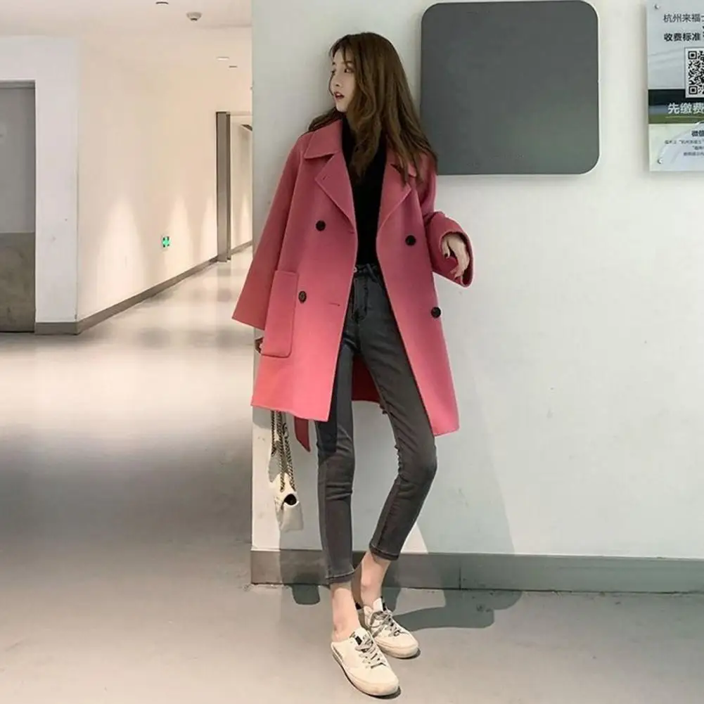 Warm Long Coat Stylish Double-breasted Woolen Jacket for Women Chic Outerwear for Work Outdoor Activities Fall Winter Lapel