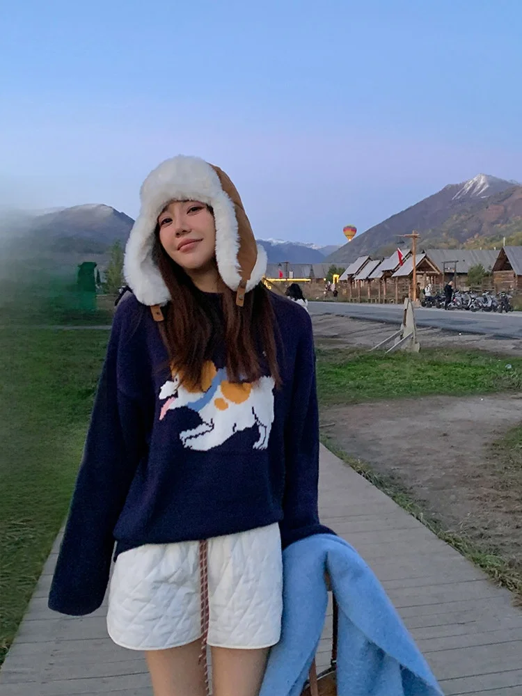 

Spring Woolen Tibetan Blue Little Dog Sweater round Ne Design Sense Top Cheeseandkisses Women's Knittedwear Commute Sle L...