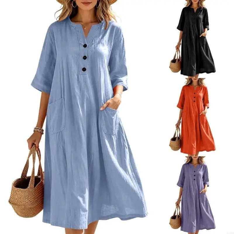 Linen Dresses for Women Control Trendy Casual Beach Vacation Short Sleeve Gauze dress 6XDA