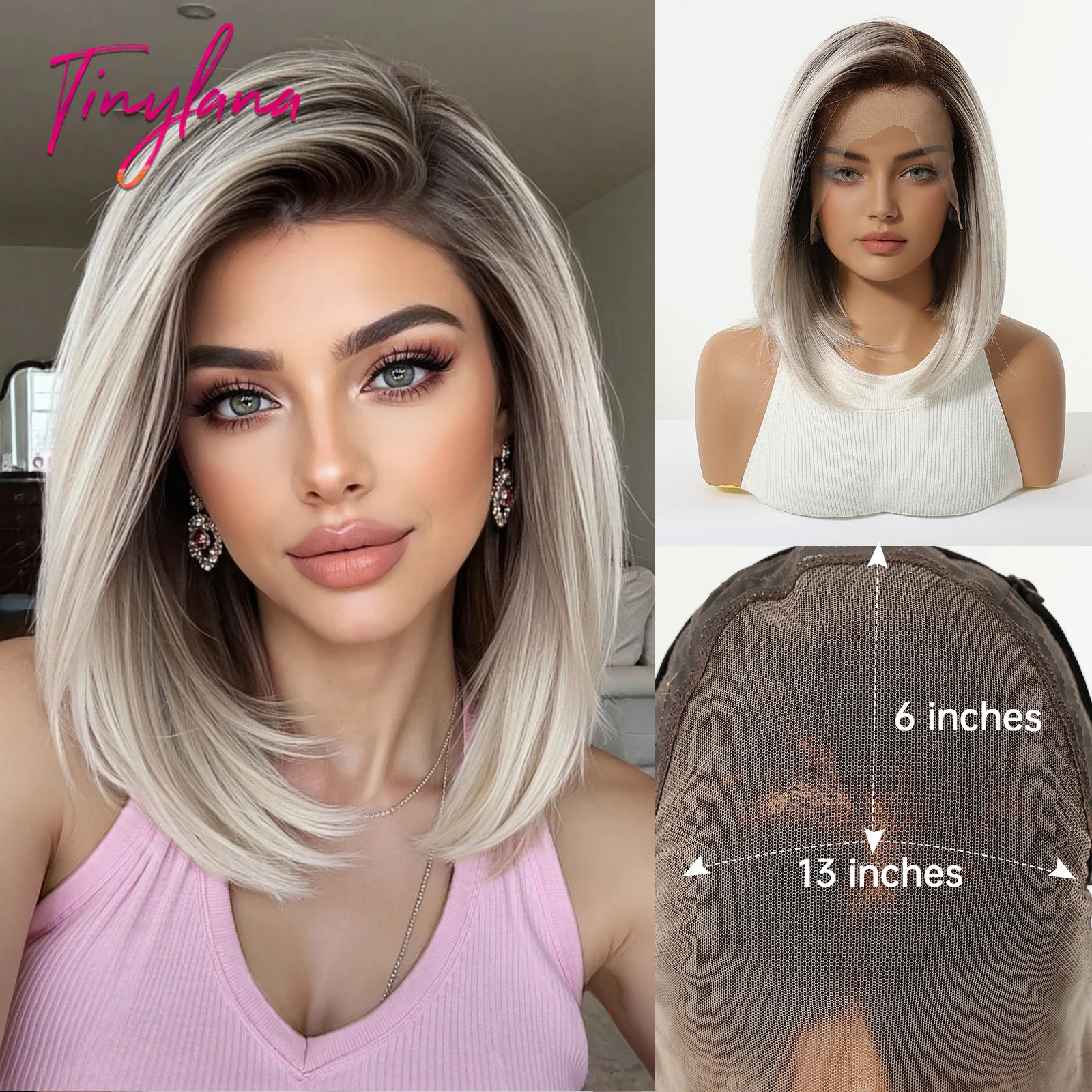Ombre Blonde Platinum Lace Front Synthetic Wigs 12inch Bob Straight 13*6 HD Lace Wig for Women Daily Heat Resistant Hairline Wig