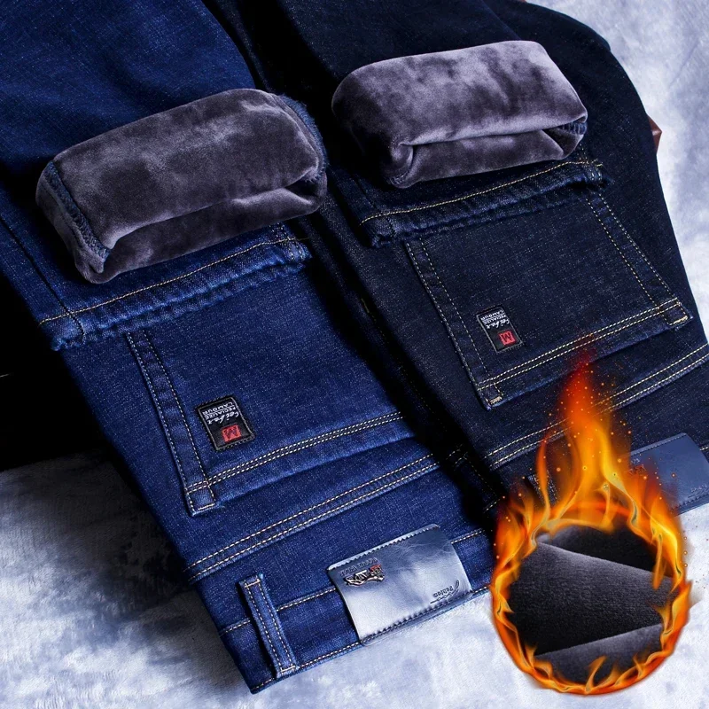 New Men's Fleece Warm Jeans Winter Thicken Plush Velvet Business Office Denim Trousers Brand Clothing Stretch Casual Male Pants