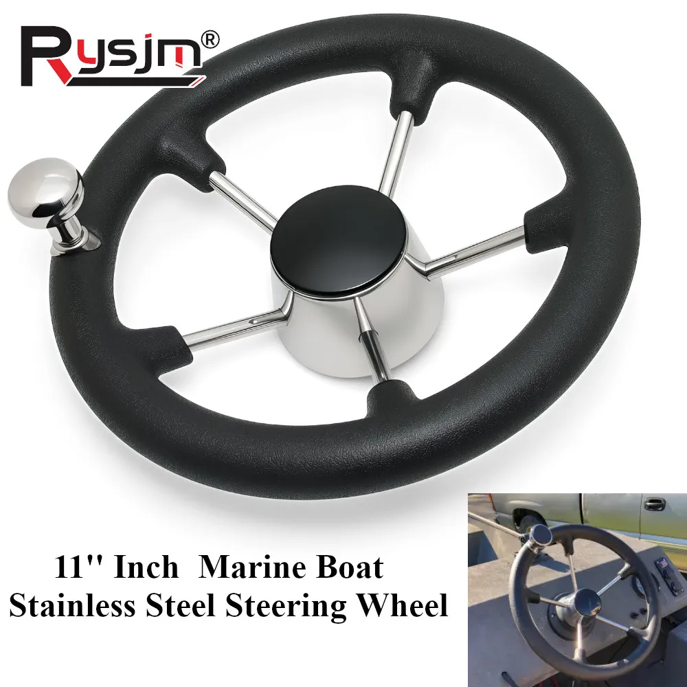 

11'' Inch Stainless Steel 5 spoke steering wheel With Stainless Knob for Boat Accessories steering wheel boat with black PU foam