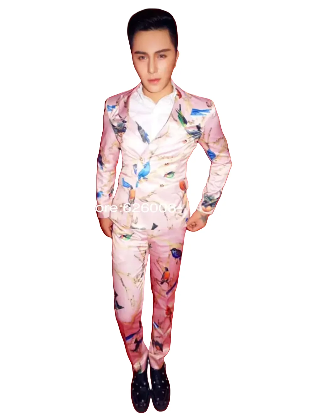

Men's Fashion Flower Pink Birds Print Suits Costumes Nightclub Male DJ singer stage wear Party Formal Dress