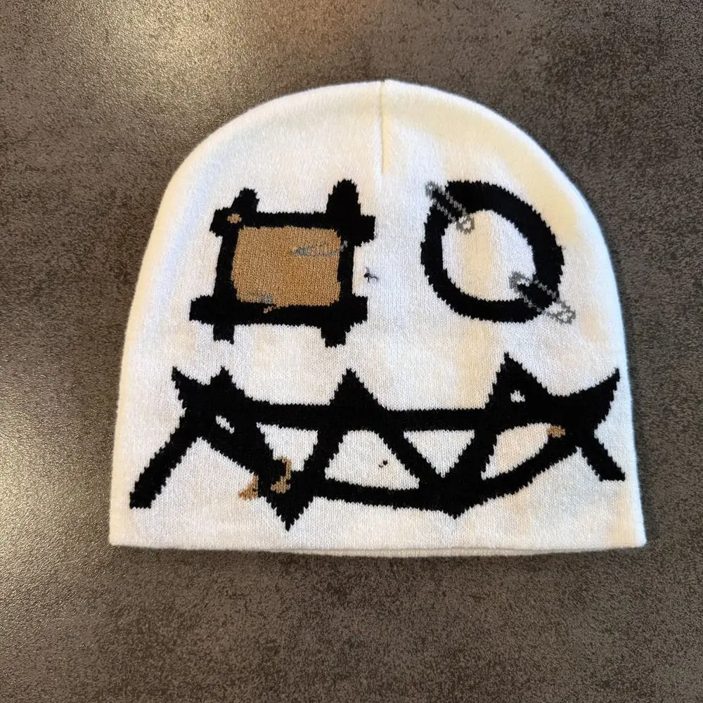 Printed Pattern Printed Pin Beanie High Elasticity Winter Warmth Ghost Mask Cap Flat Design Acrylic Yarn Demon Face Hat