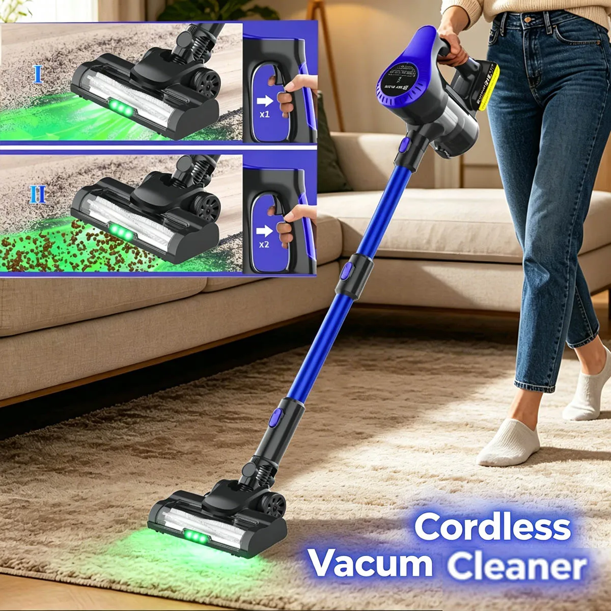 Aspiradora inalámbrica potente, aspiradora para mascotas de 15KPA con luz LED de trabajo, hasta 65 minutos de funcionamiento, para todo tipo de suelos de madera dura, alfombras y pelo de mascotas