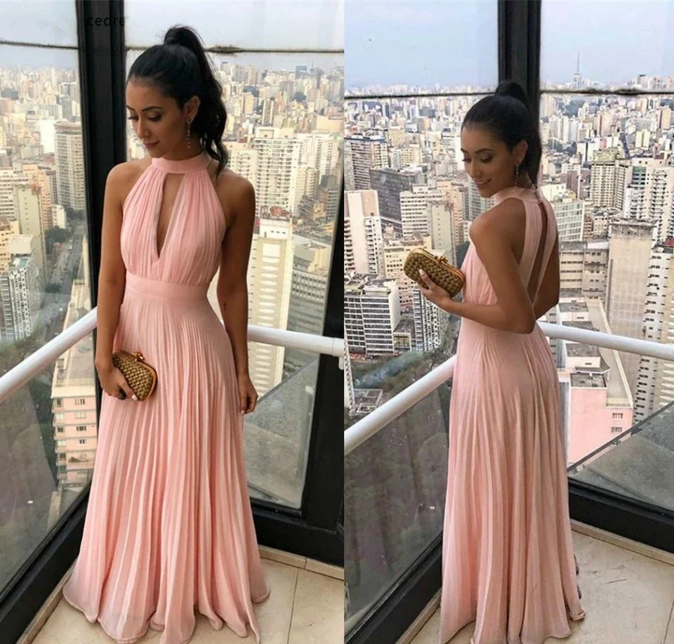 

Summer Pink Prom Dresses 2022 Women Party Night Halter Neck Sleeveless Chiffon Long Prom Gowns For Wedding Party Robe De Soiree