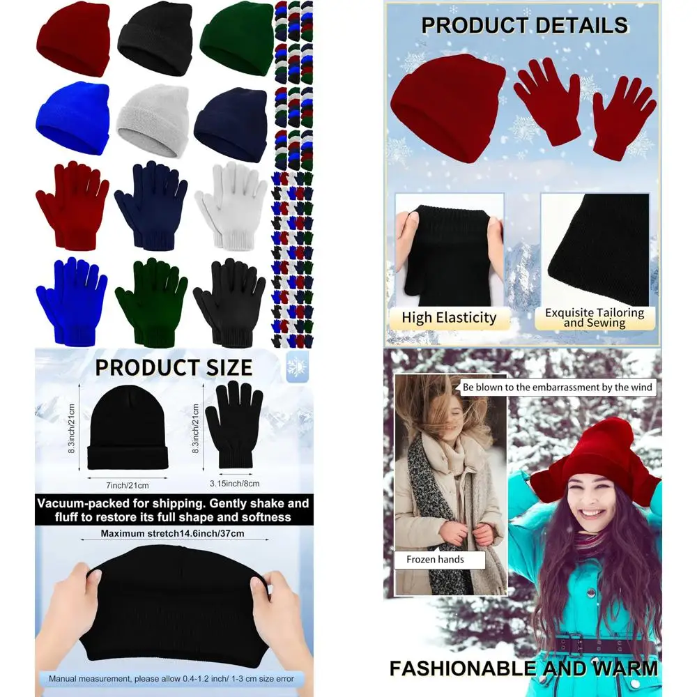 

Unisex Winter Beanie and Gloves Set - 120 Pack Thermal Knit Hats and Gloves for Donations, Ideal for Homeless and Charity Gifts