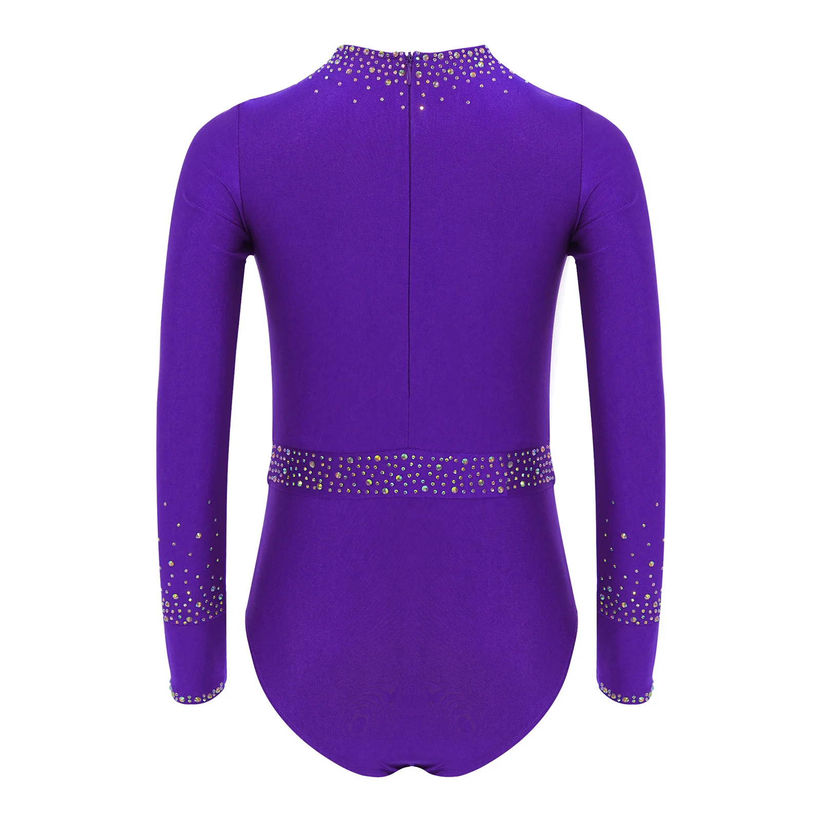 Kids Girls Rhinestones Ballet Gymnastics Dance Leotard Teens Long Sleeve Back Cutout Front Bodysuit for Ice Skating Jumpsuit