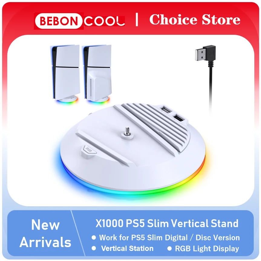 BEBONCOOL X1000 For PS5 Slim Vertical Stand with Charging Cable For PS5 Slim RGB Vertical Station Small Space Base