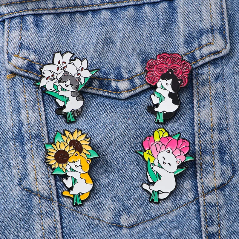 Cartoon Enamel Alloy Brooch Cute Animal Cat Lily Rose Sunflower Tulip Badge DIY Clothes Bags Hat Scarf T-shirt Jeans Bag Pin