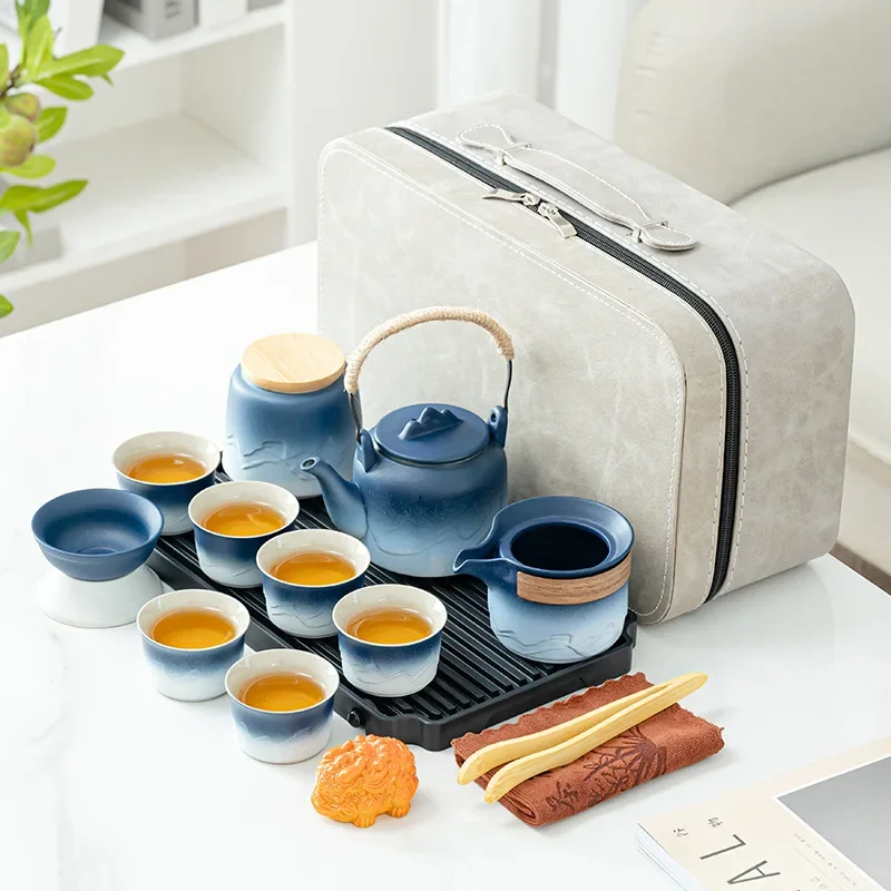 Kungfu Tea Set Kiln-turned Ceramic Complete Tea Set Japanese-style Household Mountain Travel Teapot Set Company Gifts Teaware