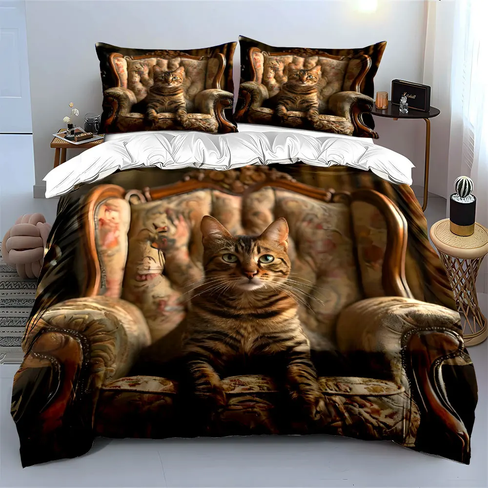 Graceful tabby cat on vintage chair Printed Duvet Cover Set 1 Duvet Cover+2 Pillowcase Multi Size Bedroom Bedding Decoration