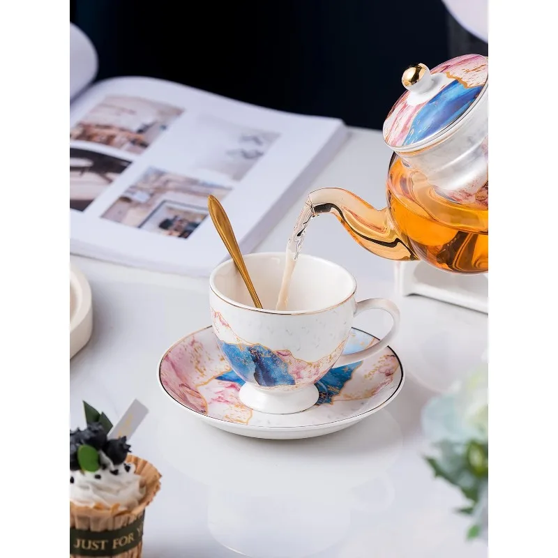 Fine China Rainbow Galaxy Series Glass Tea Pot with Infuser-Teapot Warmer Teacup and Saucer Set with Spoon in Gift Box