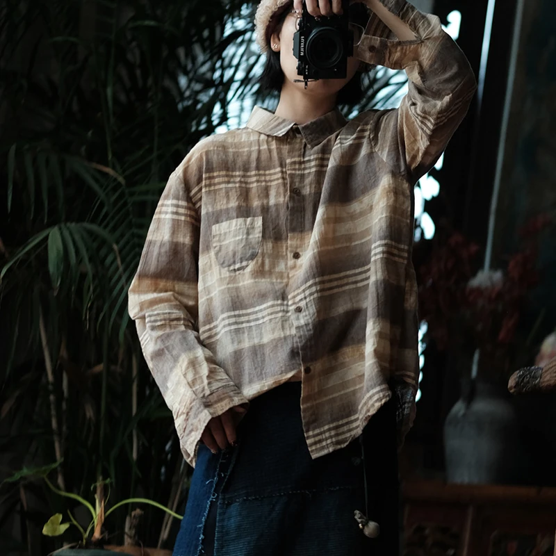 

100% Cotton Women Long Sleeve Casual Shirt New Arrival 2026 Spring Vintage Style Plaid Pattern Loose Female Tops Shirts M2472