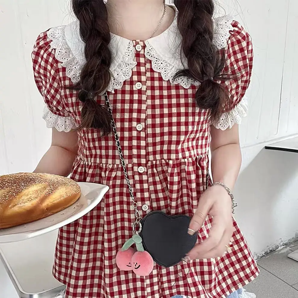 GG Red Plaid Shirts Women Sweet Peter Pan Collar Students Vintage JapaneseStyle All-match Casual Fashion Summer Personality Chic