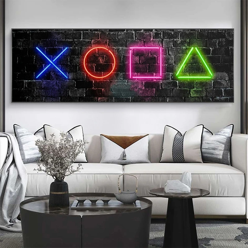 Neon Game Button Symbol Gaming Canvas Art Print Poster Wall Art Canvas Picture for Living Room Cuadros Home Wall Decoration